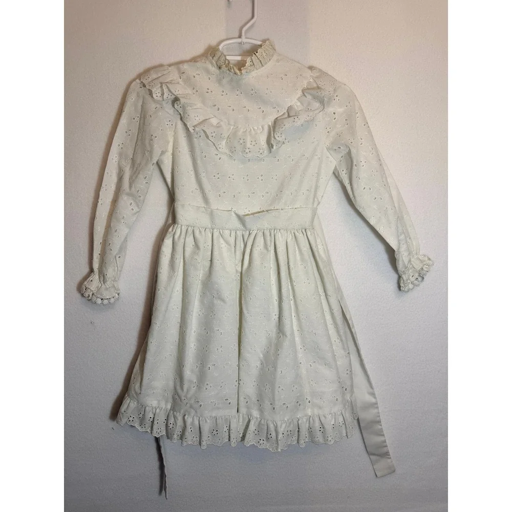 Vintage Girls‎ L'enfant White Eyelet Lace Ruffle Dress Victorian Prairie Small